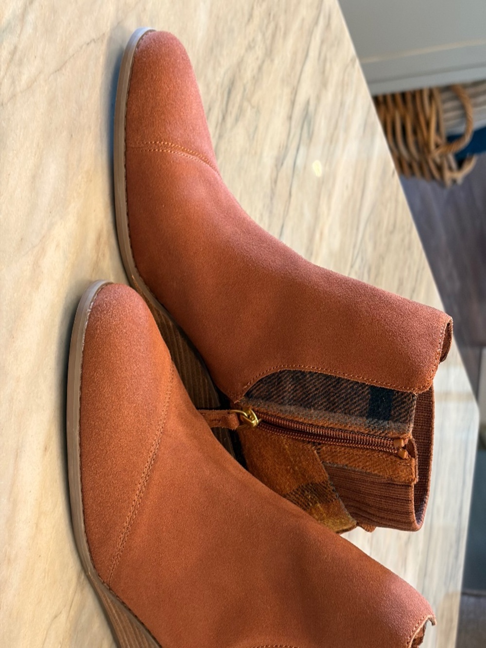 Tom’s suede and plaid wool wedge bootie